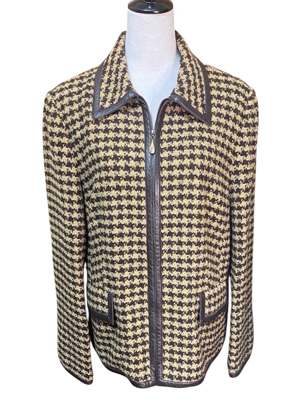 VINTAGE Peck & Peck Houndstooth Tweed Zip-Front Blazer